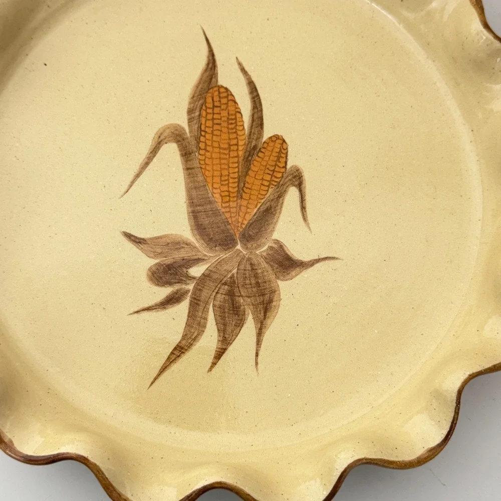 Strawtown Pottery Pie Dish Harger Farms 10.5 Inch Yellow Corn Scalloped Rim 2007